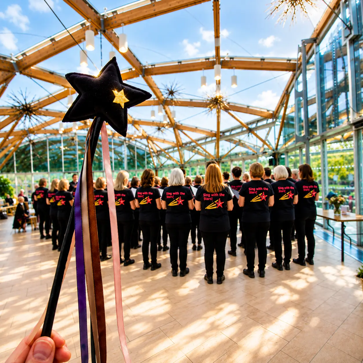 Star wand with ribbons in the foreground, facing a choir wearing matching shirts in a bright glass atrium venue.