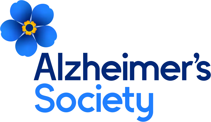 Alzheimer's Society logo: blue gradient five-petal flower left of bold blue text reading 'Alzheimer's Society'