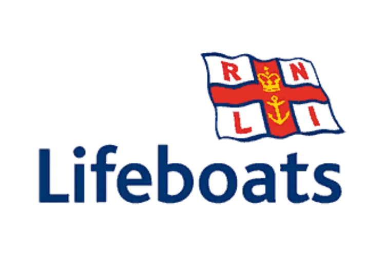 RNLI Lifeboats logo with blue text and a red-and-blue flag featuring a yellow crown and anchor emblem.