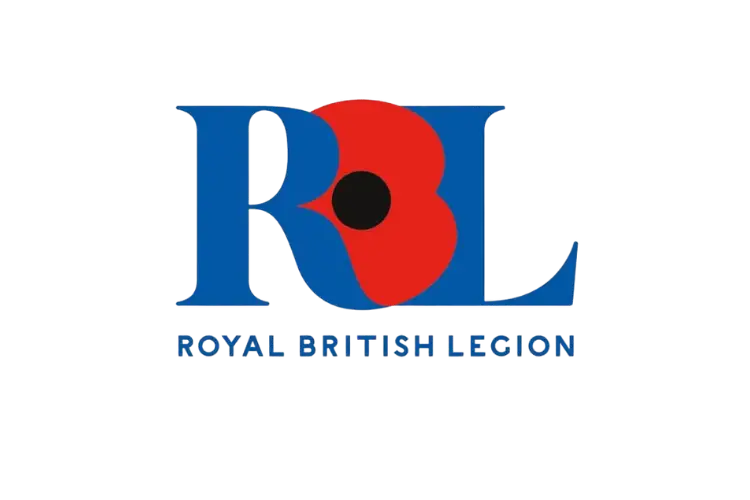 Royal British Legion logo featuring blue 'R' and 'L' letters with a red poppy and black center, and the blue text 'ROYAL BRITISH LEGION' below