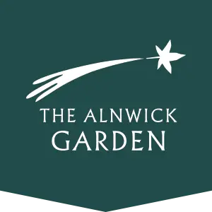 Logo for The Alnwick Garden featuring a white shooting star with a curved trail above the text THE ALNWICK GARDEN on a teal background.